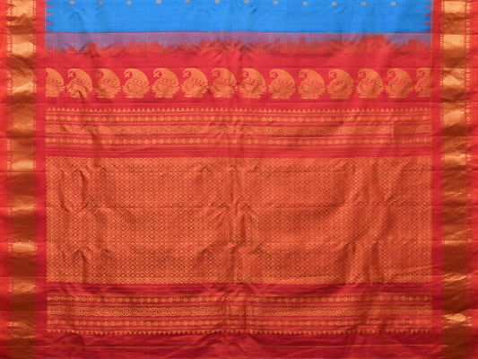 Blue and Red Gadwal Silk Handloom Saree with Mango Pallu Design - Global Threads | Swadesiicart