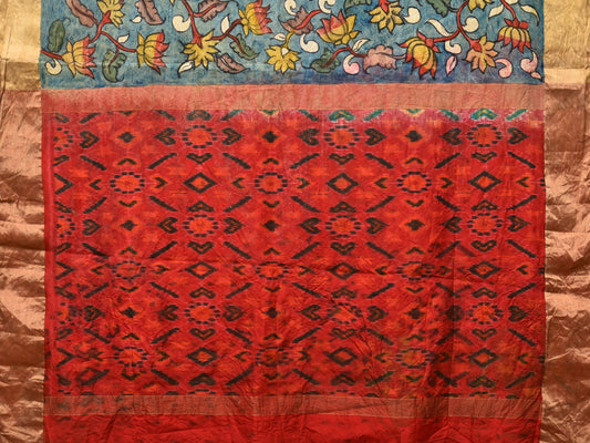 Blue and Red Kalamkari Hand Painted Ikat Silk Handloom Saree with Lotus and Krishna Design - Global Threads | Swadesiicart