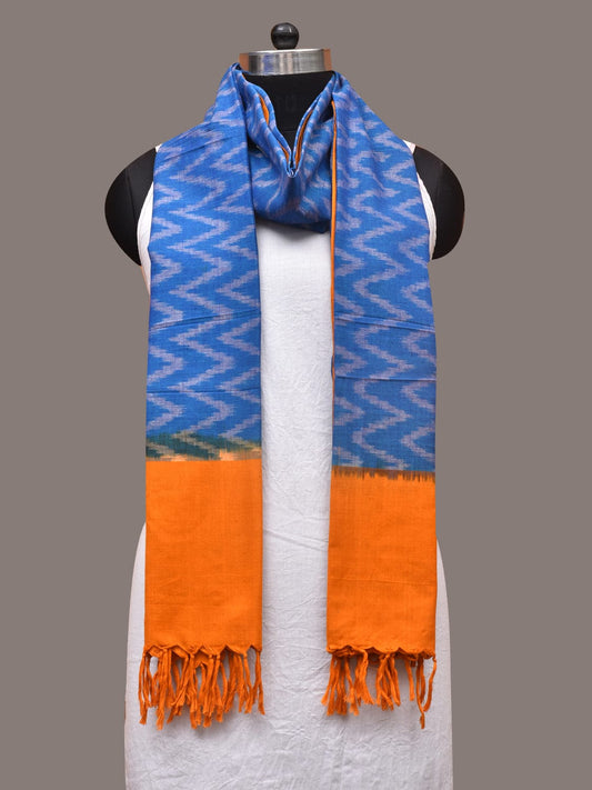 Blue and Yellow Pochamaplly Ikat Cotton Handloom Dupatta with Zig-Zag Design - Global Threads | Swadesiicart