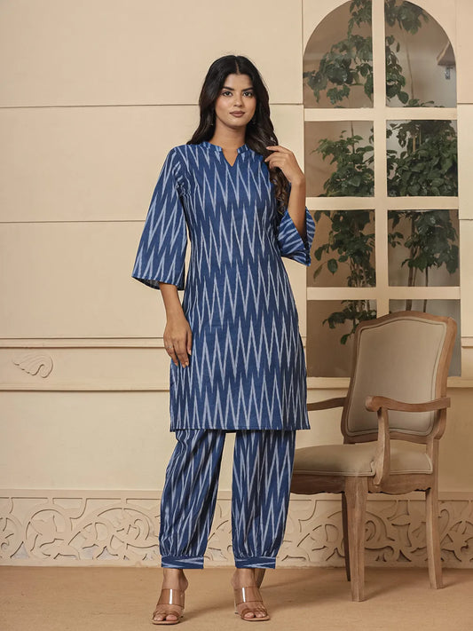 Yufta Blue Cotton Ikat Co-Ord Set - Swadesiicart