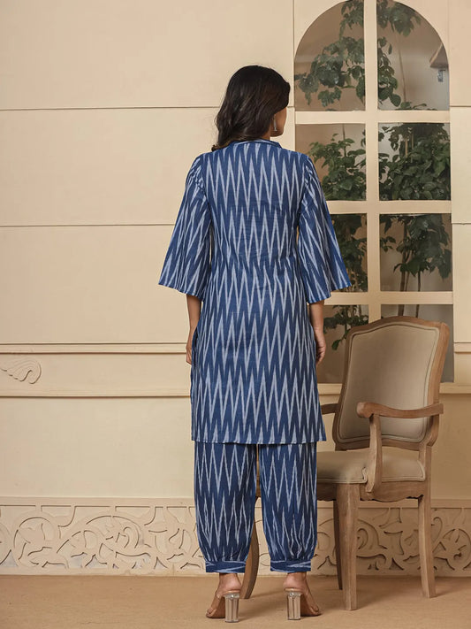 Yufta Blue Cotton Ikat Co-Ord Set - Swadesiicart