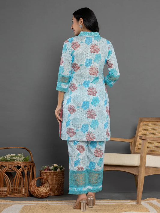 Yufta Blue Cotton Schiffli Co-Ord Set With Lace Detailing - Swadesiicart