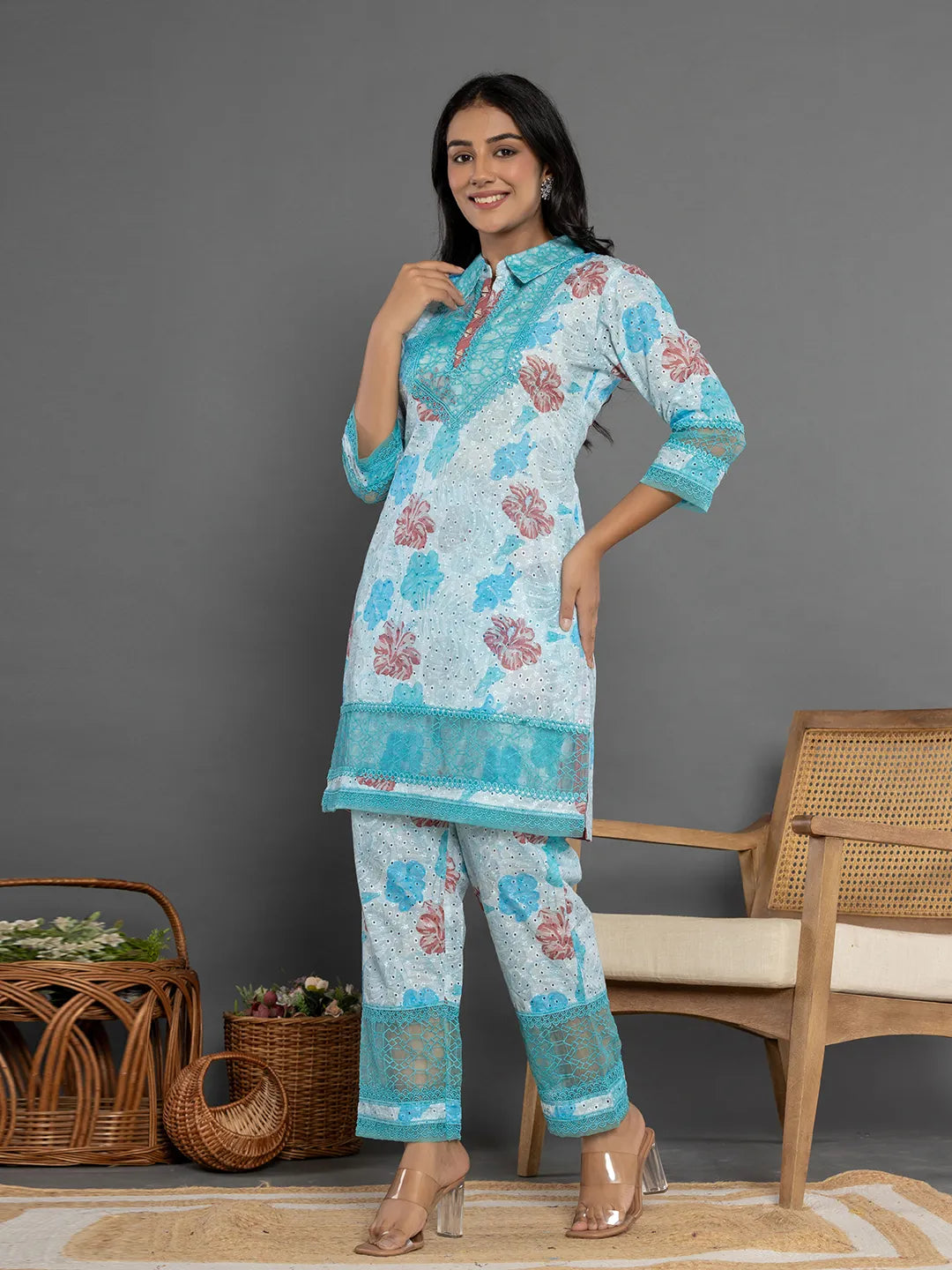 Yufta Blue Cotton Schiffli Co-Ord Set With Lace Detailing - Swadesiicart