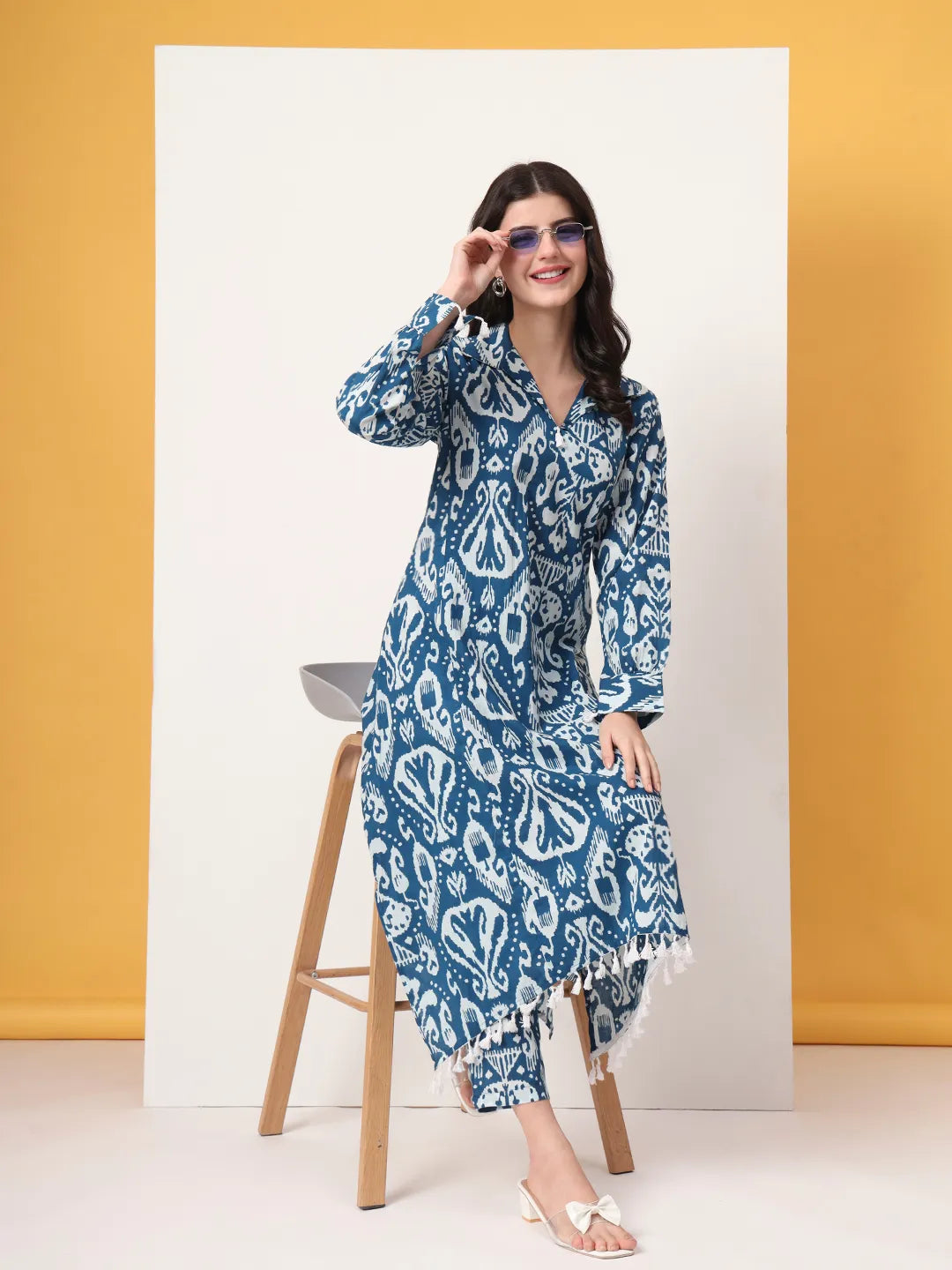 Yufta Blue Ikat Pure Cotton High Low Cord Set - Swadesiicart