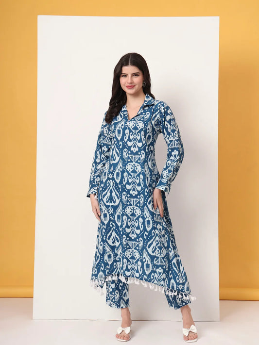 Yufta Blue Ikat Pure Cotton High Low Cord Set - Swadesiicart
