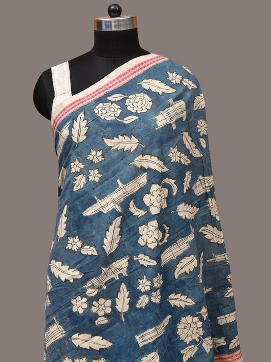 Blue Kalamkari Hand Painted Cotton Handloom Dupatta with Leaves and Doby Border Design - Global Threads | Swadesiicart