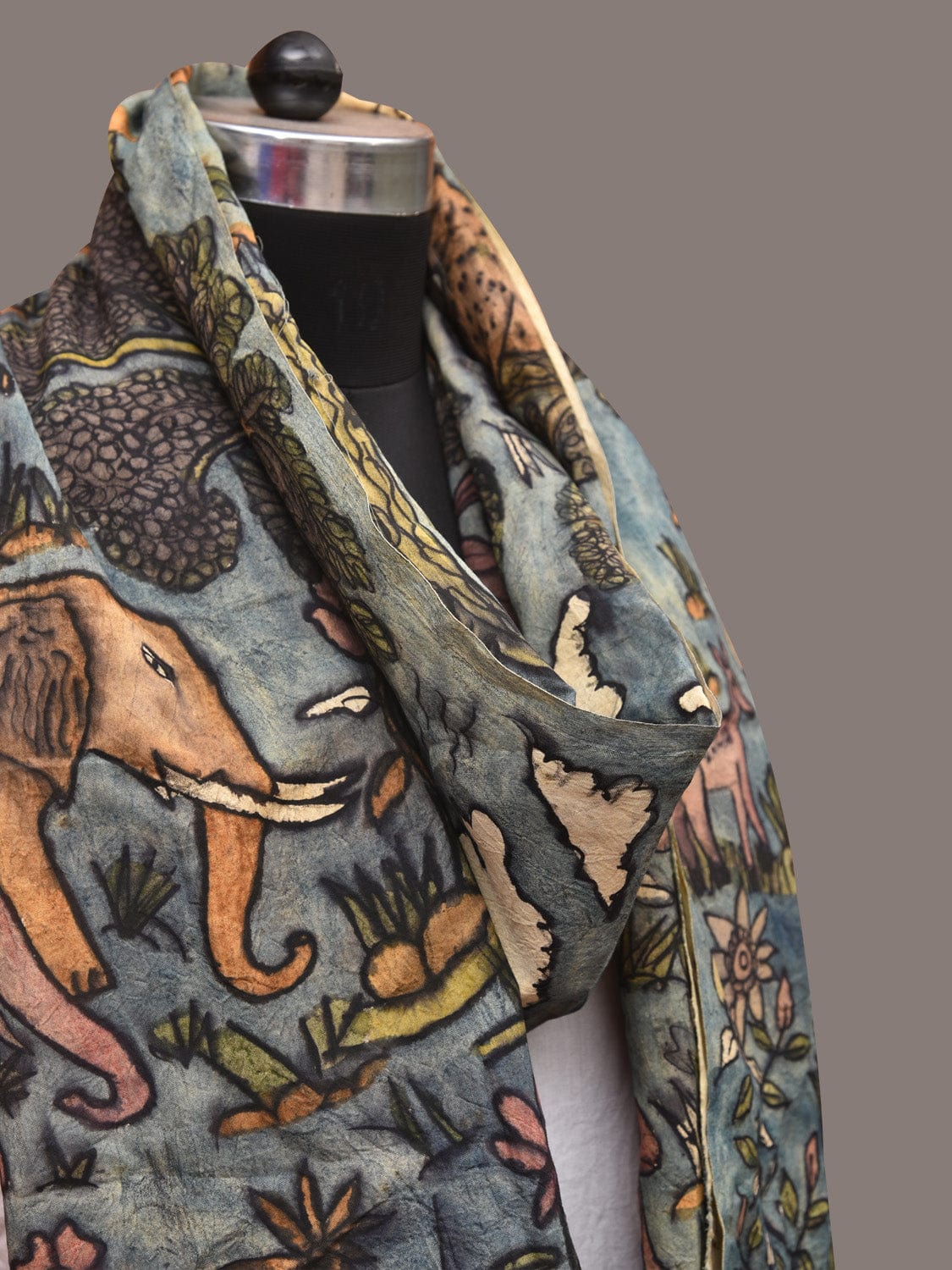 Blue Kalamkari Hand Painted Sico Stole with Animals Design - Global Threads | Swadesiicart