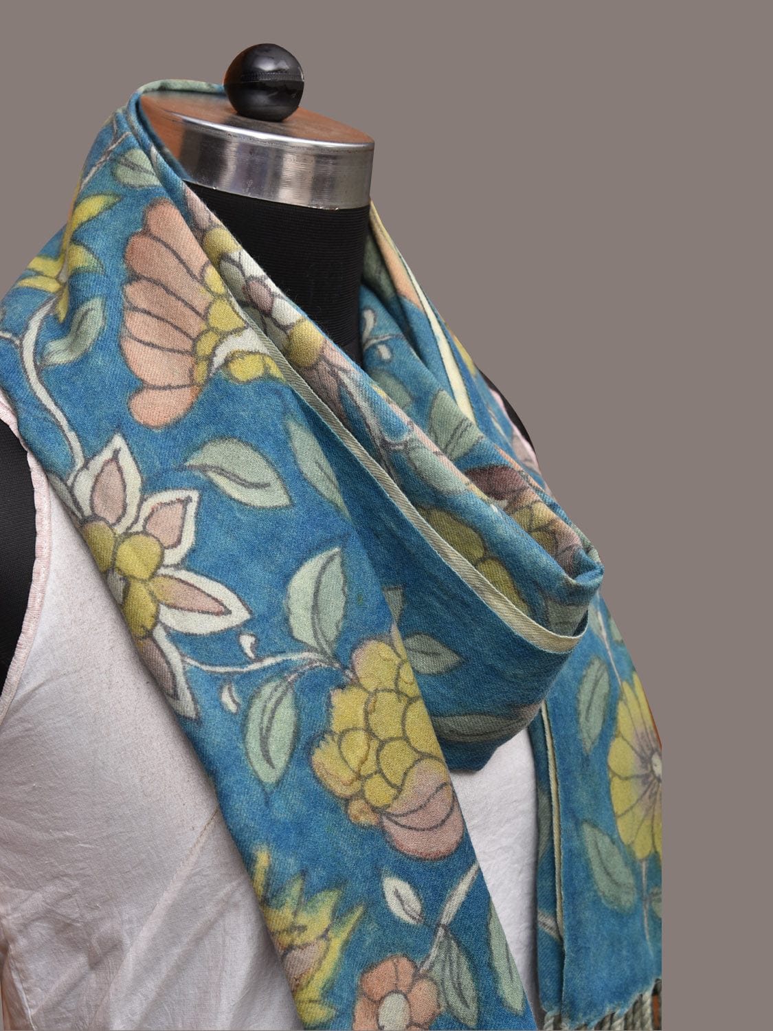 Blue Kalamkari Hand Painted Woolen Handloom Dupatta with Floral and Peacock Design - Global Threads | Swadesiicart