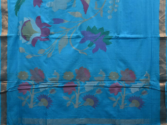 Blue Khadi Cotton Handloom Saree with Pallu and Border Design - Global Threads | Swadesiicart