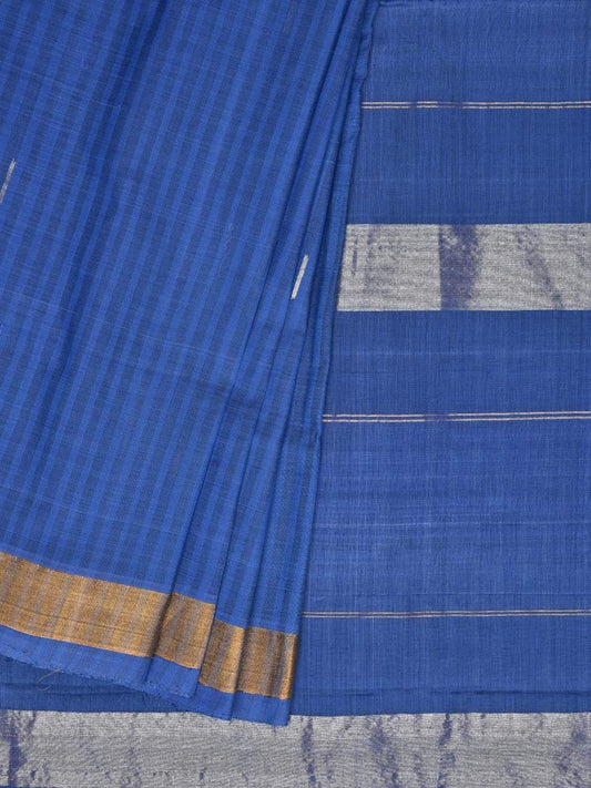 Blue Khadi Cotton Handloom Saree with Zari Strips Design - Global Threads | Swadesiicart
