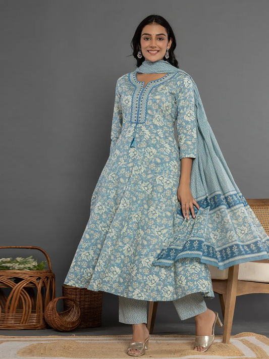 Yufta Blue Mirror_Work Cotton Anarkali Kurta Duppta Set - Swadesiicart