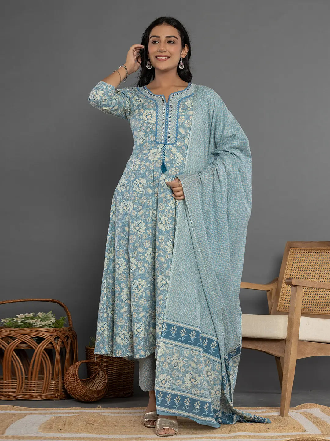 Yufta Blue Mirror_Work Cotton Anarkali Kurta Duppta Set - Swadesiicart
