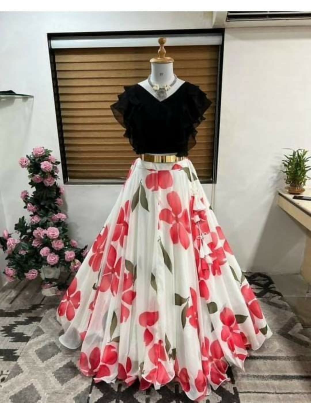 Dishitha Creation Floral Printed Stitched Lehenga & Crop Top - Black & White | Swadesiicart
