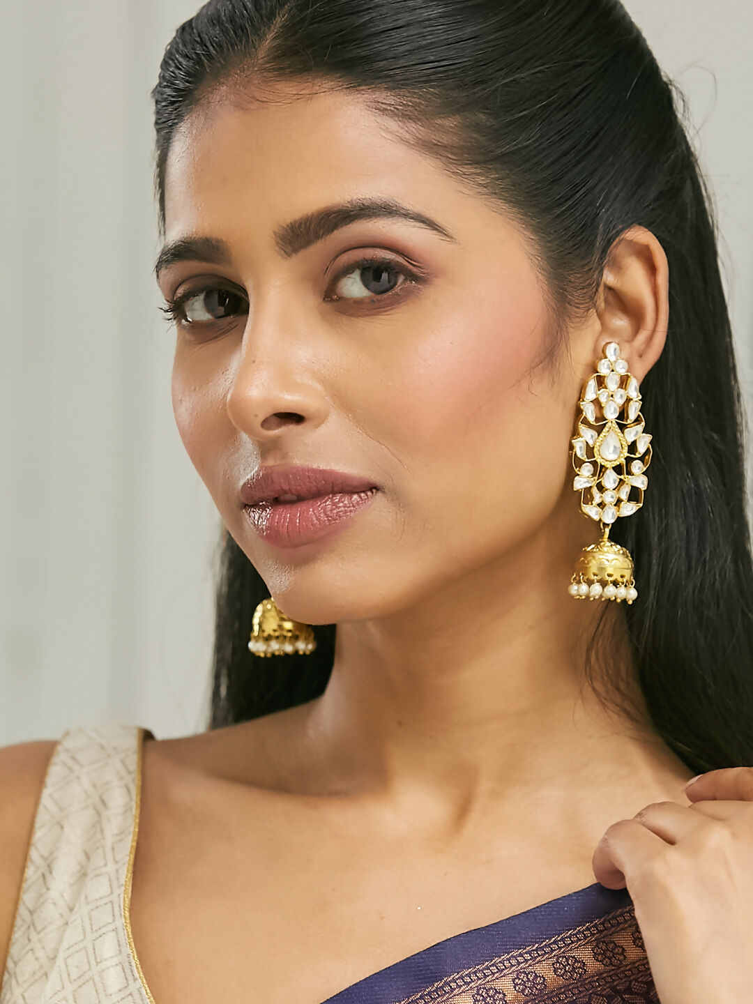 Nuyug 22K Gold-Plated Regal Kundan Stone Studded & Pearl Drop Jhumkas