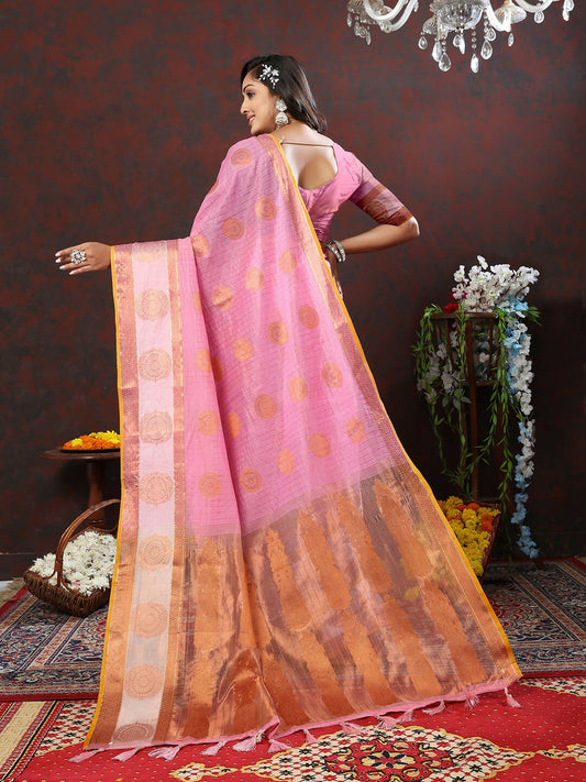 Lorenvalley Fashion Pink Cotton with Woven Design Zari Weaving Saree - Swadesiicart