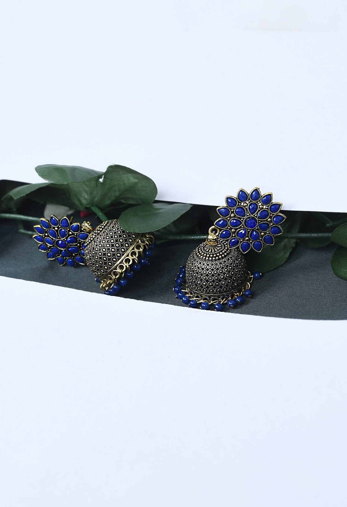 Mominos Fashion Johar Kamal Kundan Work Jhumka With Blue Beads For Women