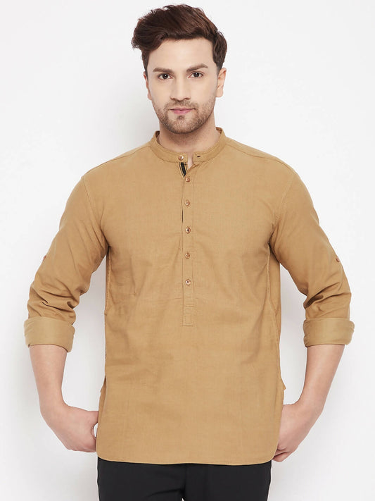 Even Apparels Beige Pure Cotton Short Men's Kurta With Band Collar | Swadesiicart