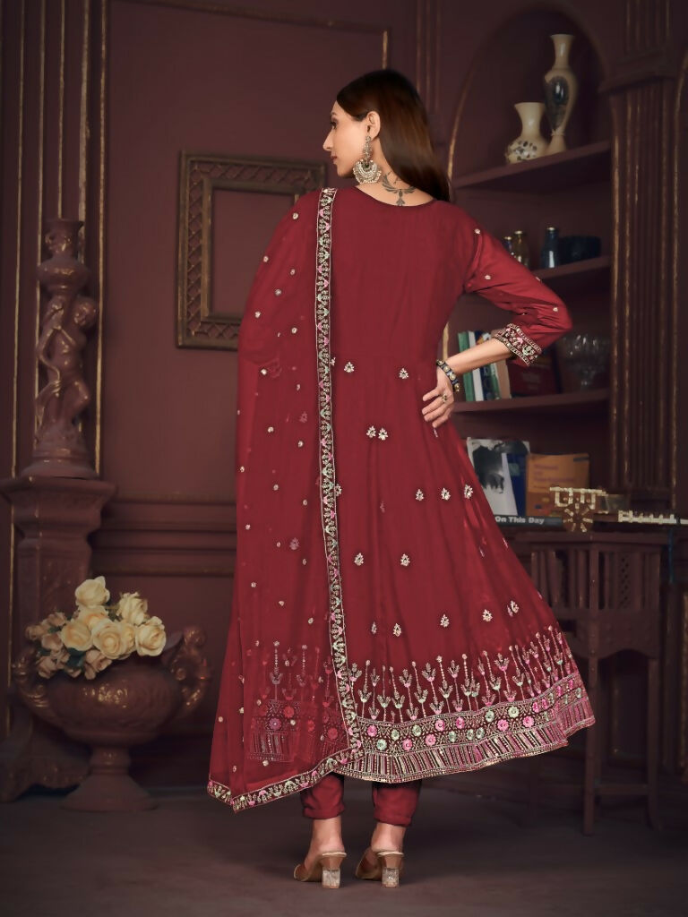 Jyoti Fashion Women's Maroon Georgette Embroidered Anarkali Kurta Pant Set With Dupatta | Swadesiicart