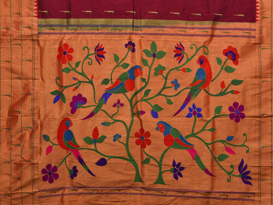 Brown Paithani Silk Handloom Saree with Triple Muniya Border and Pallu Design - Global Threads | Swadesiicart