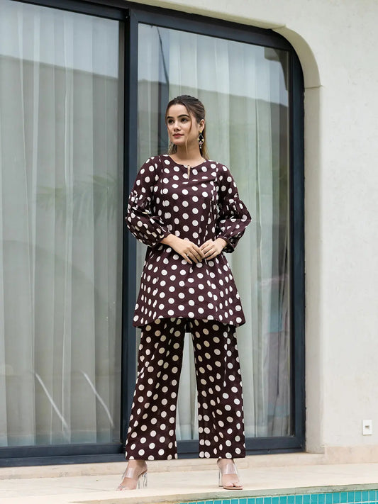 Yufta Brown Polka Dot Print Top And Trouser Co Ord Set - Swadesiicart