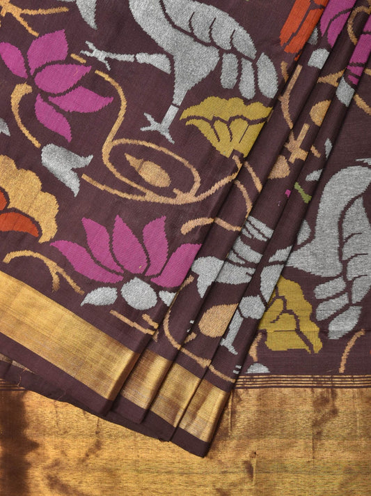Brown Uppada Silk Handloom Saree with All Over Birds and Lotus Design - Global Threads | Swadesiicart