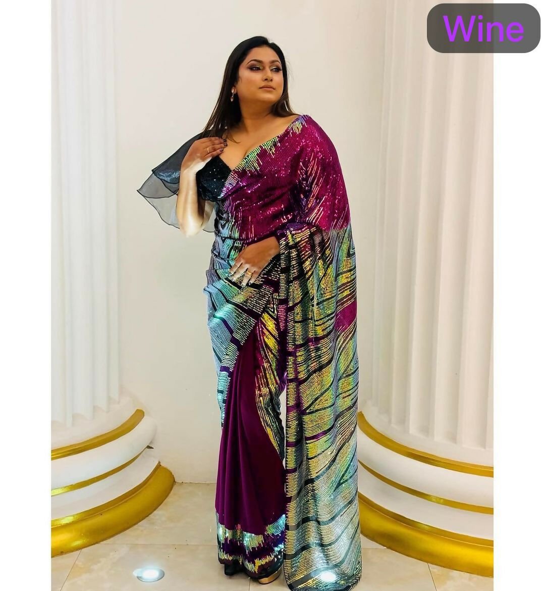 Arfa Fashion House Wine Georgette Sequince Saree