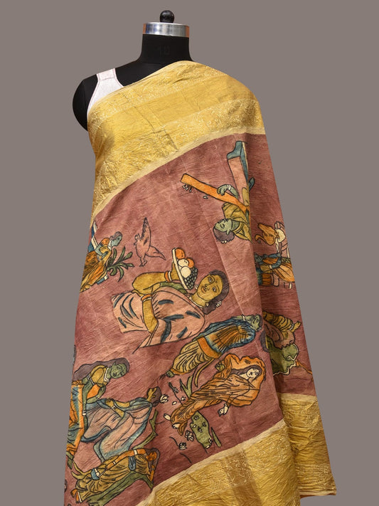 Burgundy Kalamkari Hand Painted Kanchipuram Silk Handloom Dupatta with Painting Design - Global Threads | Swadesiicart