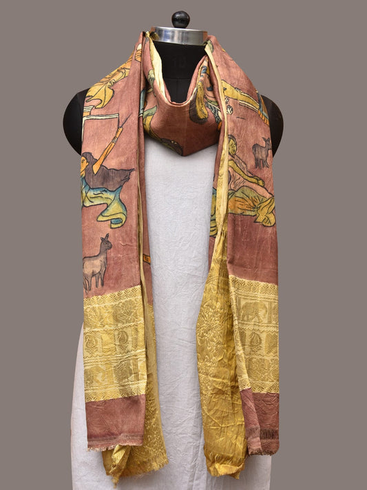 Burgundy Kalamkari Hand Painted Kanchipuram Silk Handloom Dupatta with Painting Design - Global Threads | Swadesiicart