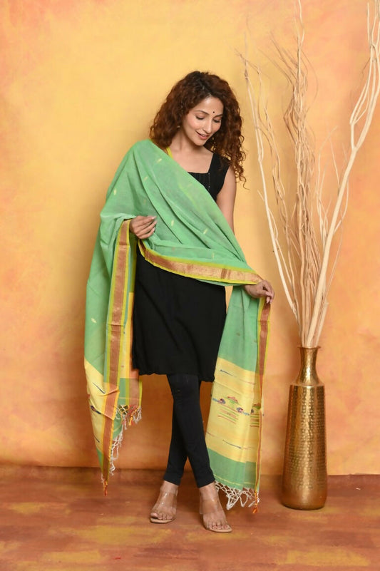 Very Much Indian Handloom Pure Cotton Paithani Dupatta - Green | Swadesiicart
