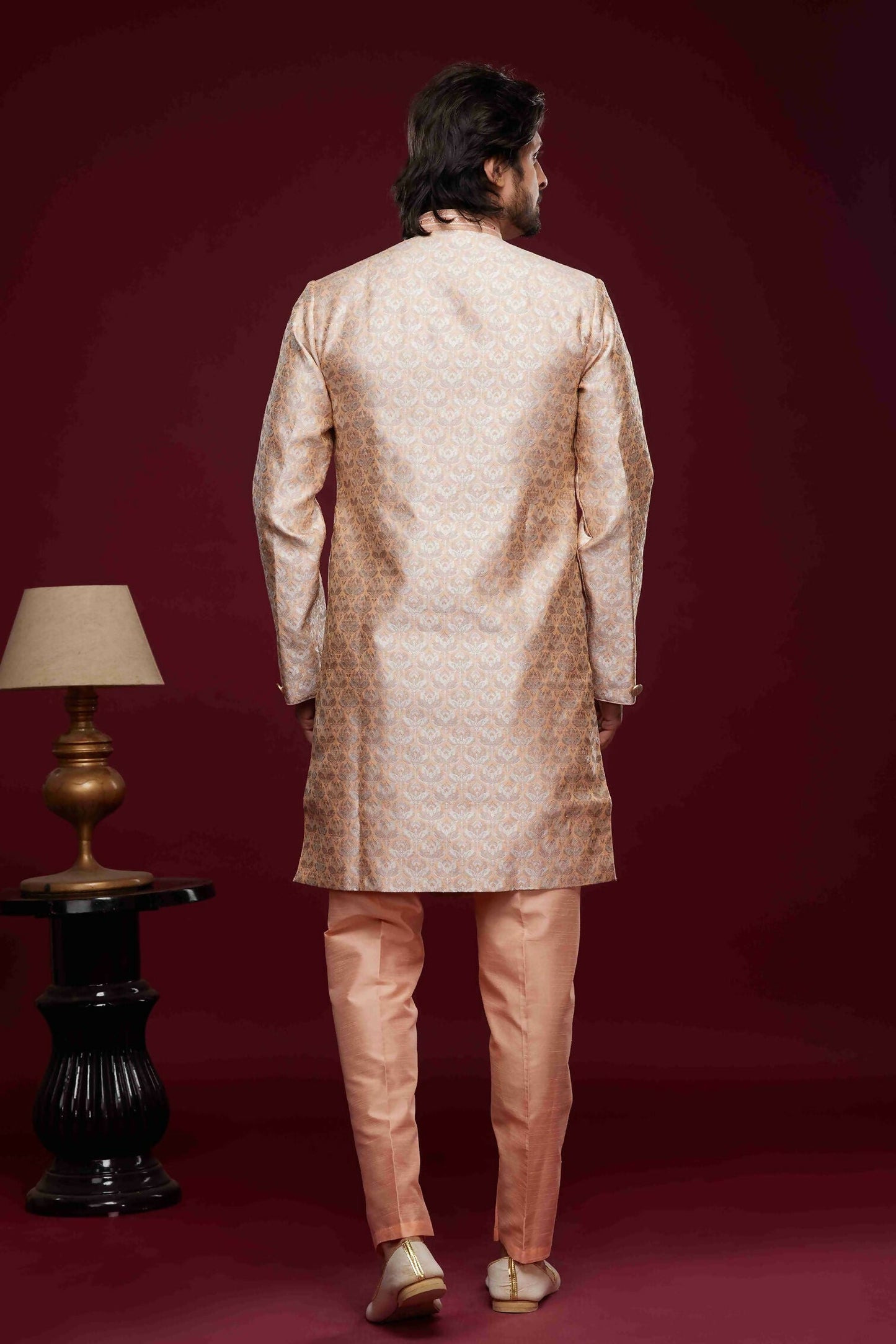 Raivat Ethnic Banarasi Jacquard Embroidery Semi Indo Western Sherwani In Peach Colour | Swadesiicart