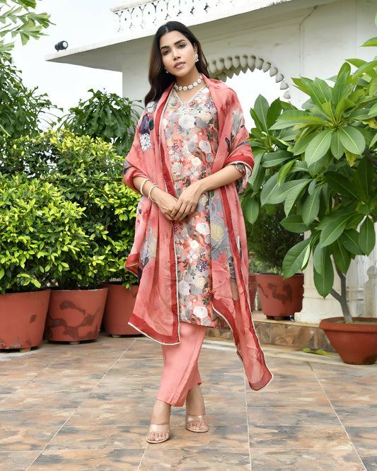 Vaasva Women's Rust Tissue Gota Embroidered Suit Set With Solid Pant And Embroidered Dupatta | Swadesiicart