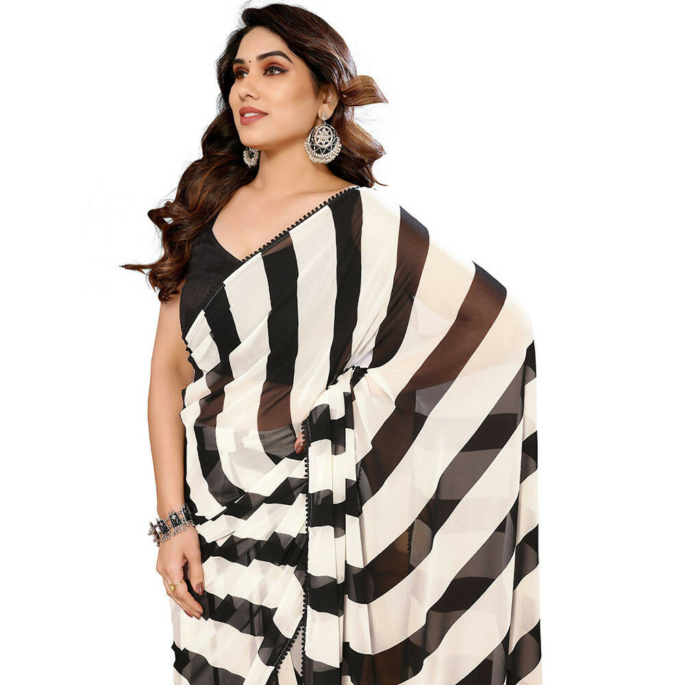 Women's Partywear Designer Black&White Georgette Fancy Saree - Satrangi | Swadesiicart