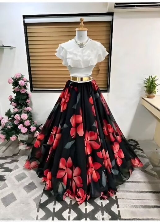 Dishitha Creation Floral Printed Stitched Lehenga & Crop Top - White & Black | Swadesiicart