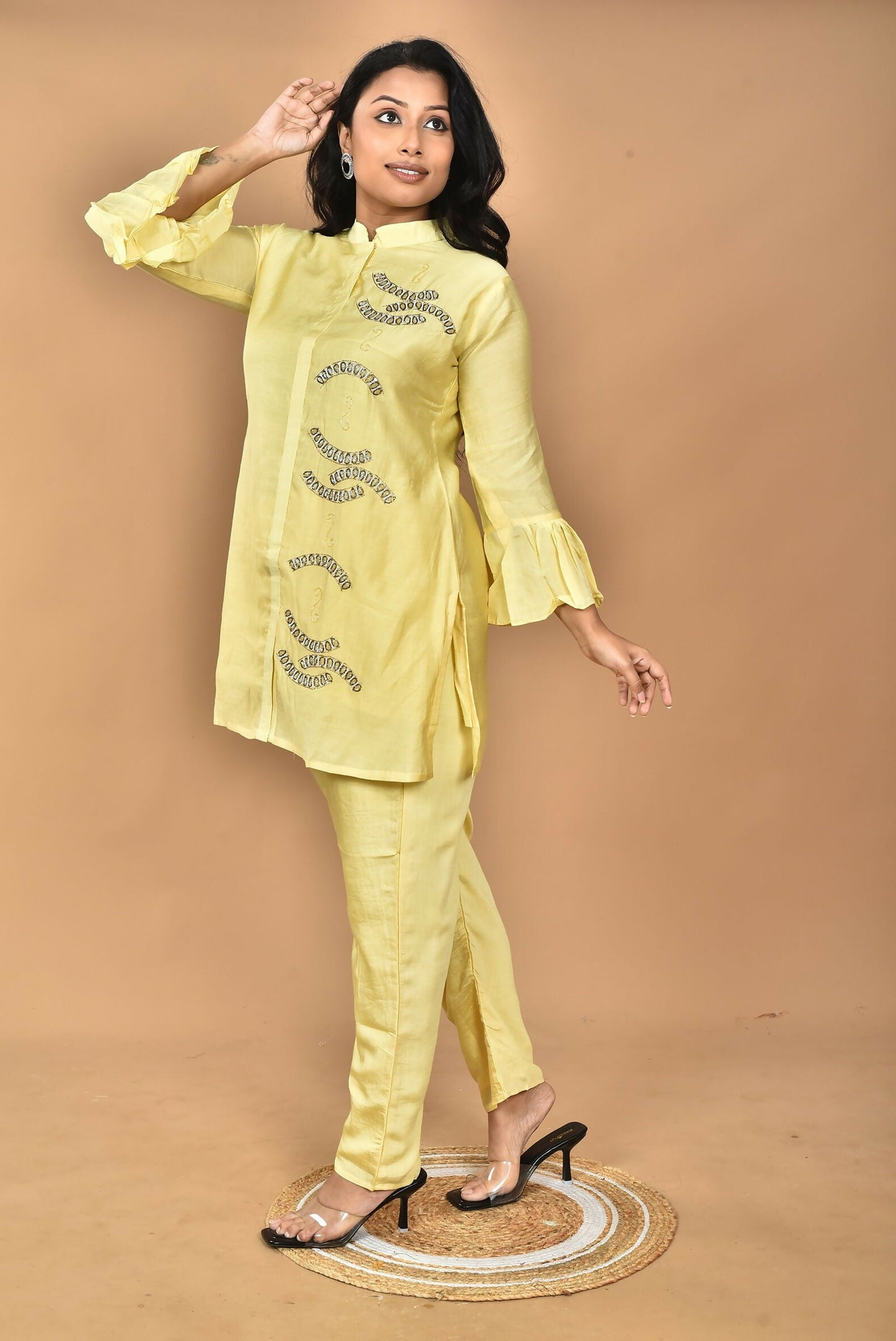 Morchari Women Hand Embroidery Co-Ords-Yellow - Swadesiicart