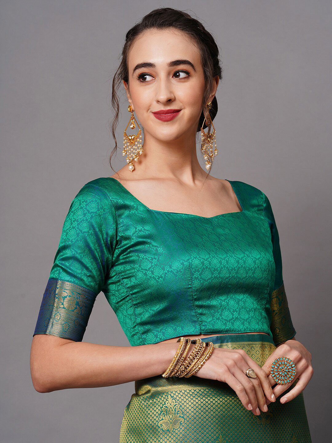 Mitera Teal & Gold-Toned Woven Design Zari Silk Blend Banarasi Saree | Swadesiicart