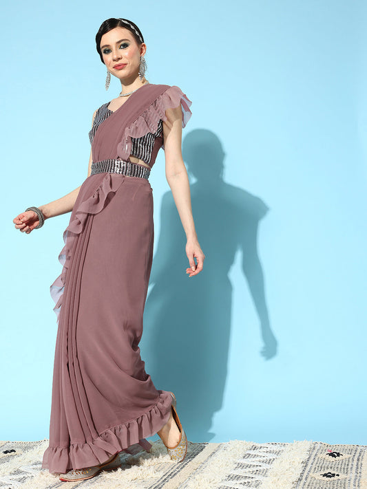Mitera Mauve Sequinned Pure Georgette Ready to Wear Saree With Shrug | Swadesiicart