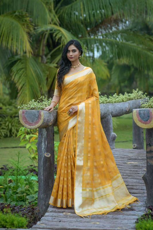 Vishnu Weaves Women's Yellow Organza Silk Zari Woven Saree with Blouse - Swadesiicart