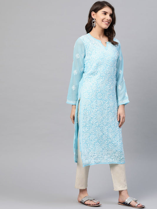 ADA Women Blue & White Chikankari Embroidered Straight Sustainable Handloom Kurta with Inner | Swadesiicart