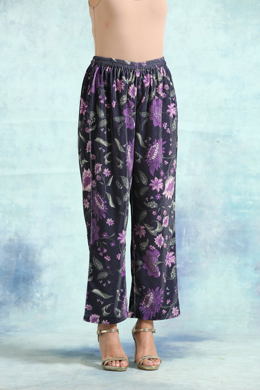trueBrowns Black Printed Velvet Pant | Swadesiicart