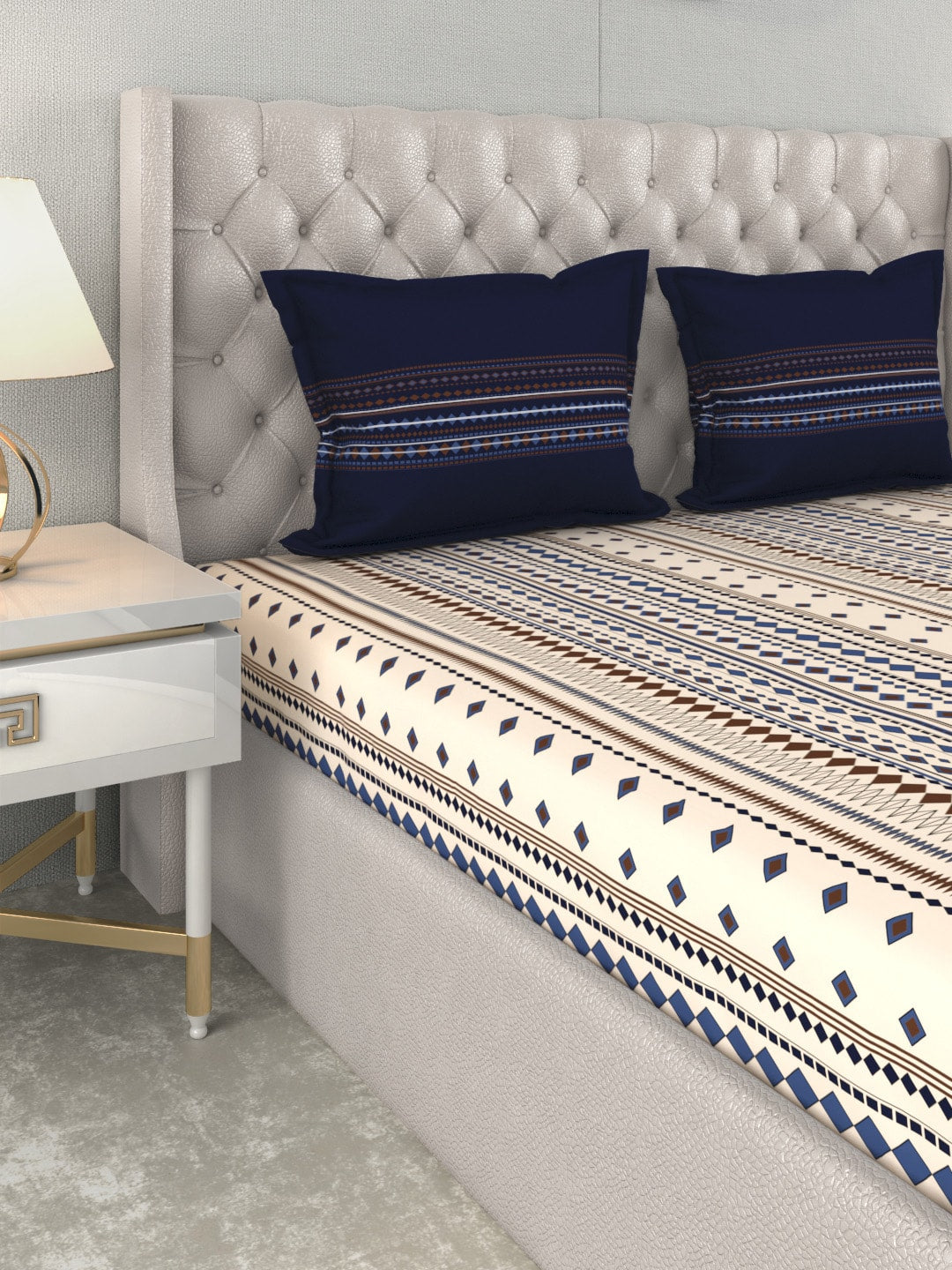 MYTRIDENT Multicoloured Blue Geometric 120 TC Cotton 1 Queen Bedsheet with 2 Pillow Covers - Swadesiicart