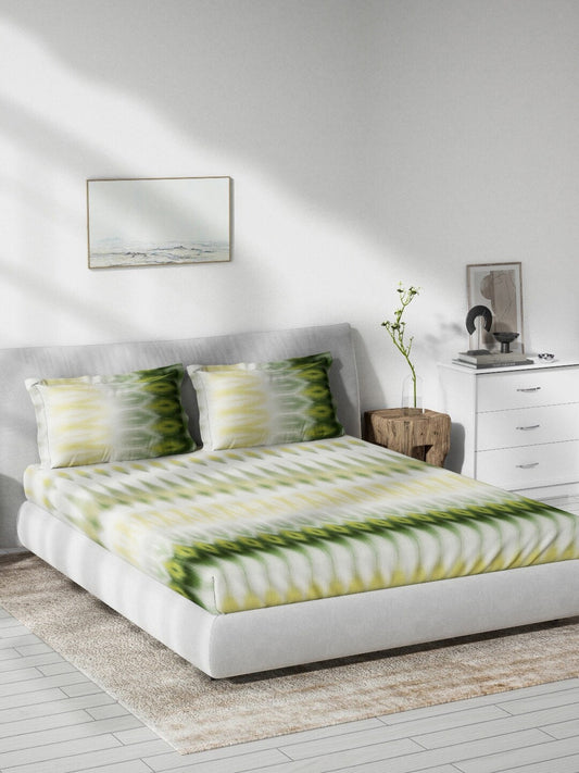 DDecor Green & White Ethnic Motifs 140 TC Cotton Queen Bedsheet with 2 Pillow Covers - Swadesiicart