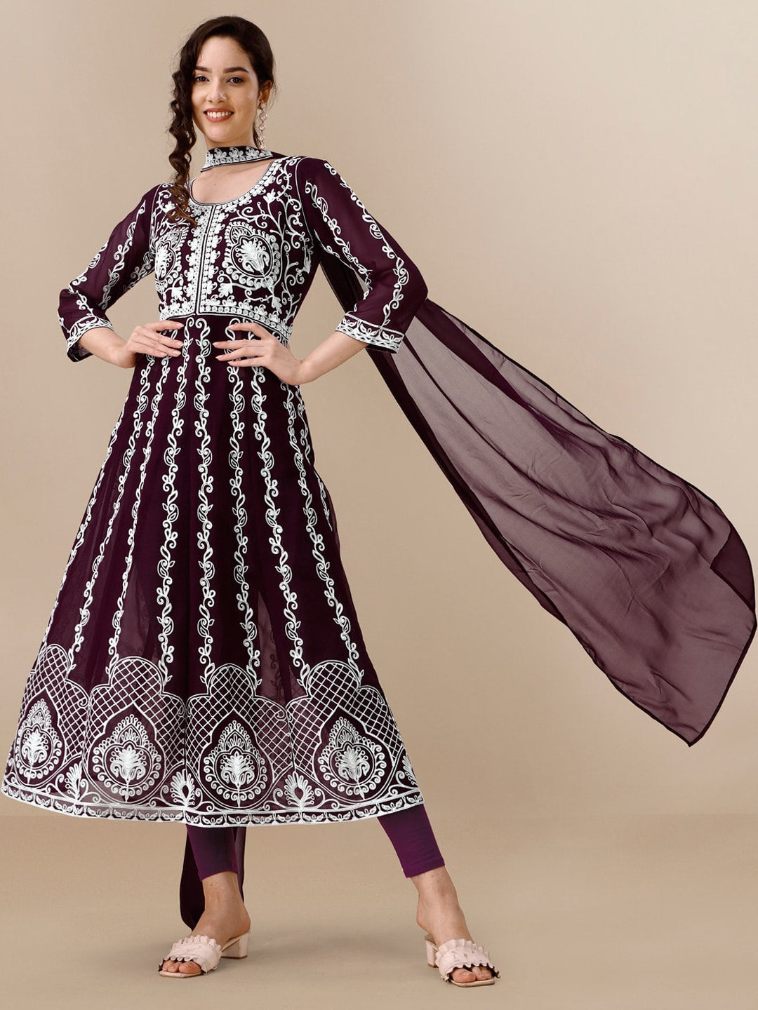 HERE&NOW Floral Lucknowi Chikankari Embroidered Georgette Anarkali Kurta with Dupatta | Swadesiicart