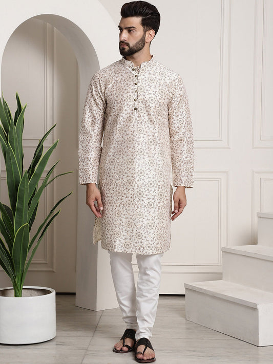 Sojanya Men Cream-Coloured & Brown Silk Cotton Printed Regular Kurta with Churidar | Swadesiicart