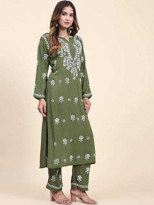 HOUSE OF KARI Floral Embroidered Thread Work Pure Cotton Kurta with Trousers | Swadesiicart