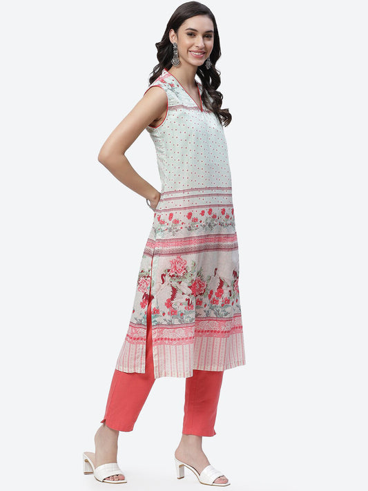 Biba Women Green Floral Printed Thread Work Kurta - Swadesiicart