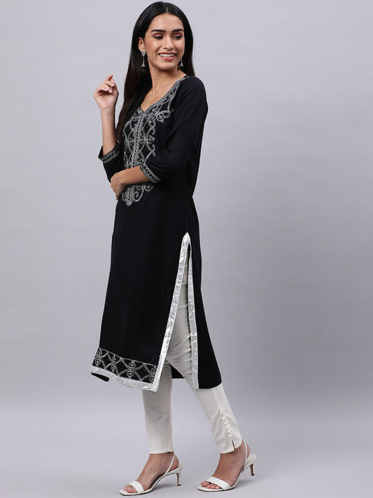 Souchii Women Black Ethnic Motifs Yoke Design Thread Work Kurta