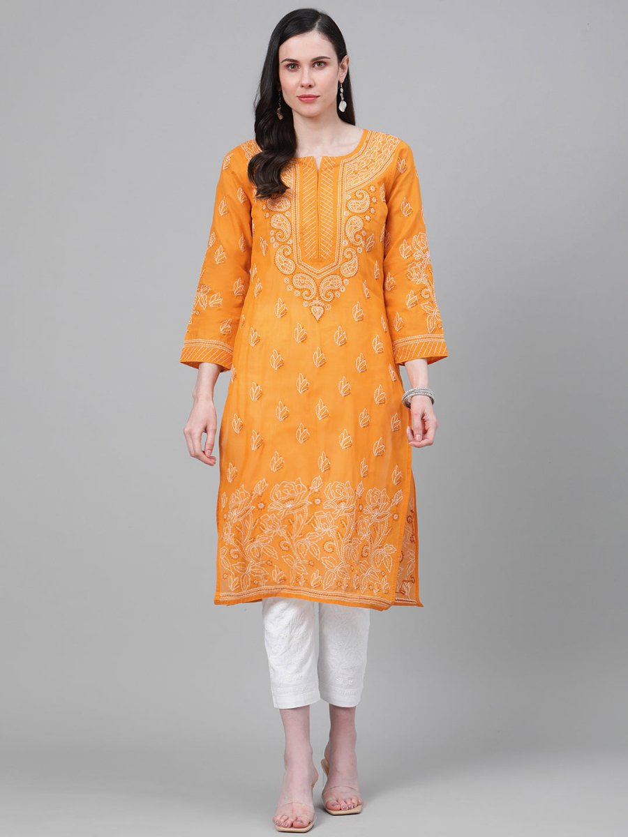 ADA Women Mustard Yellow & White Chikankari Embroidered Cotton Sustainable Handloom Kurta with Palazzos | Swadesiicart