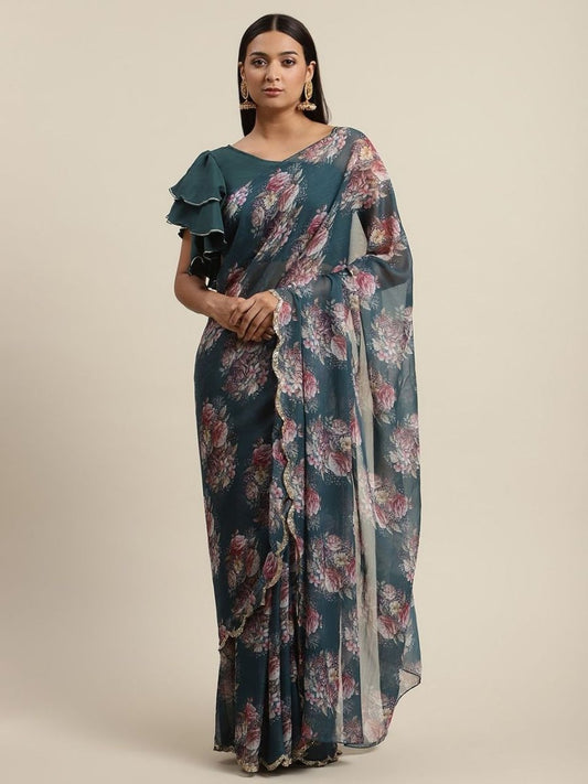 Ahalyaa Women's Green Chiffon Digital Print Floral Saree | Swadesiicart