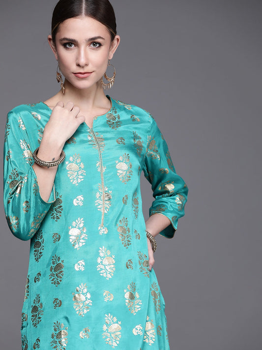 Biba Women Turquoise Blue Ethnic Motifs Foil Printed Keyhole Neck Kurta - Swadesiicart