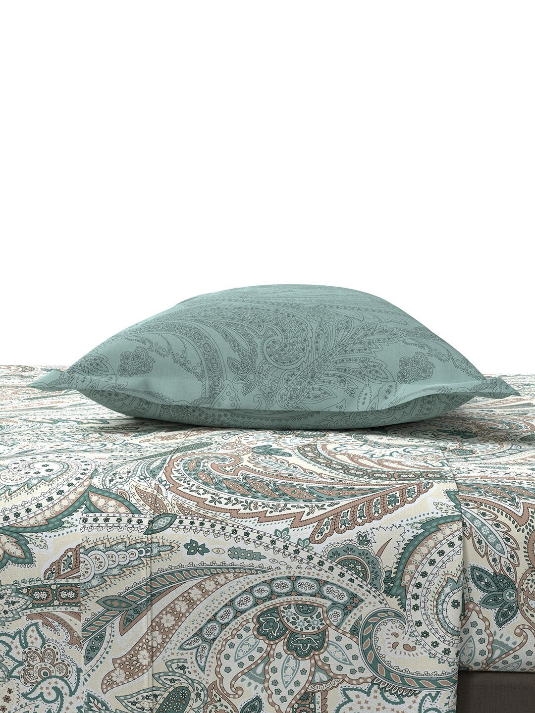 MYTRIDENT Green White Ethnic Motifs Cotton 144 TC Queen Bedsheet With 2 Pillow Covers - Swadesiicart